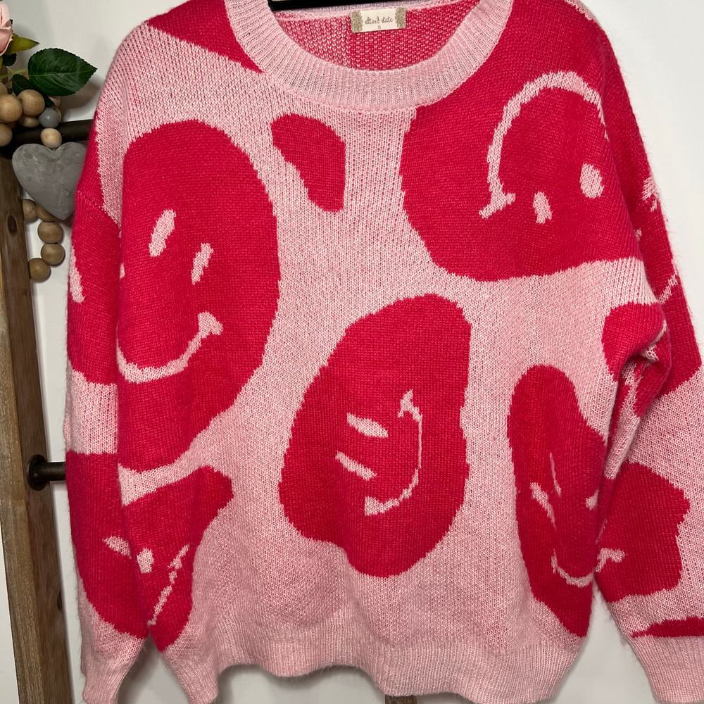Altard State Long Sleeve Crew Pink Smiley Face Oversized Sweater Size‎ Small - Picture 3 of 7